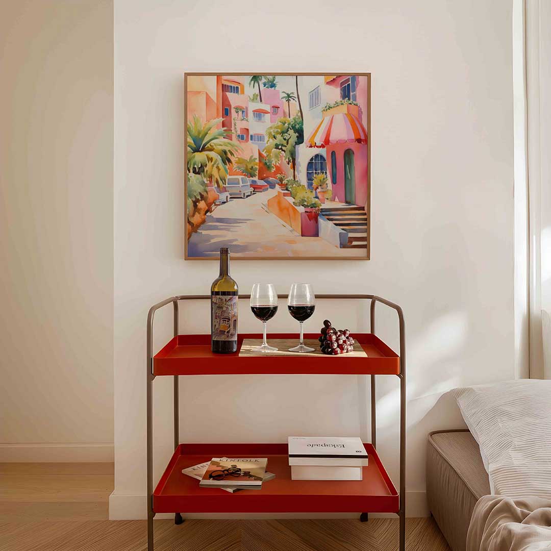 Zonnige straat met palmbomen Poster