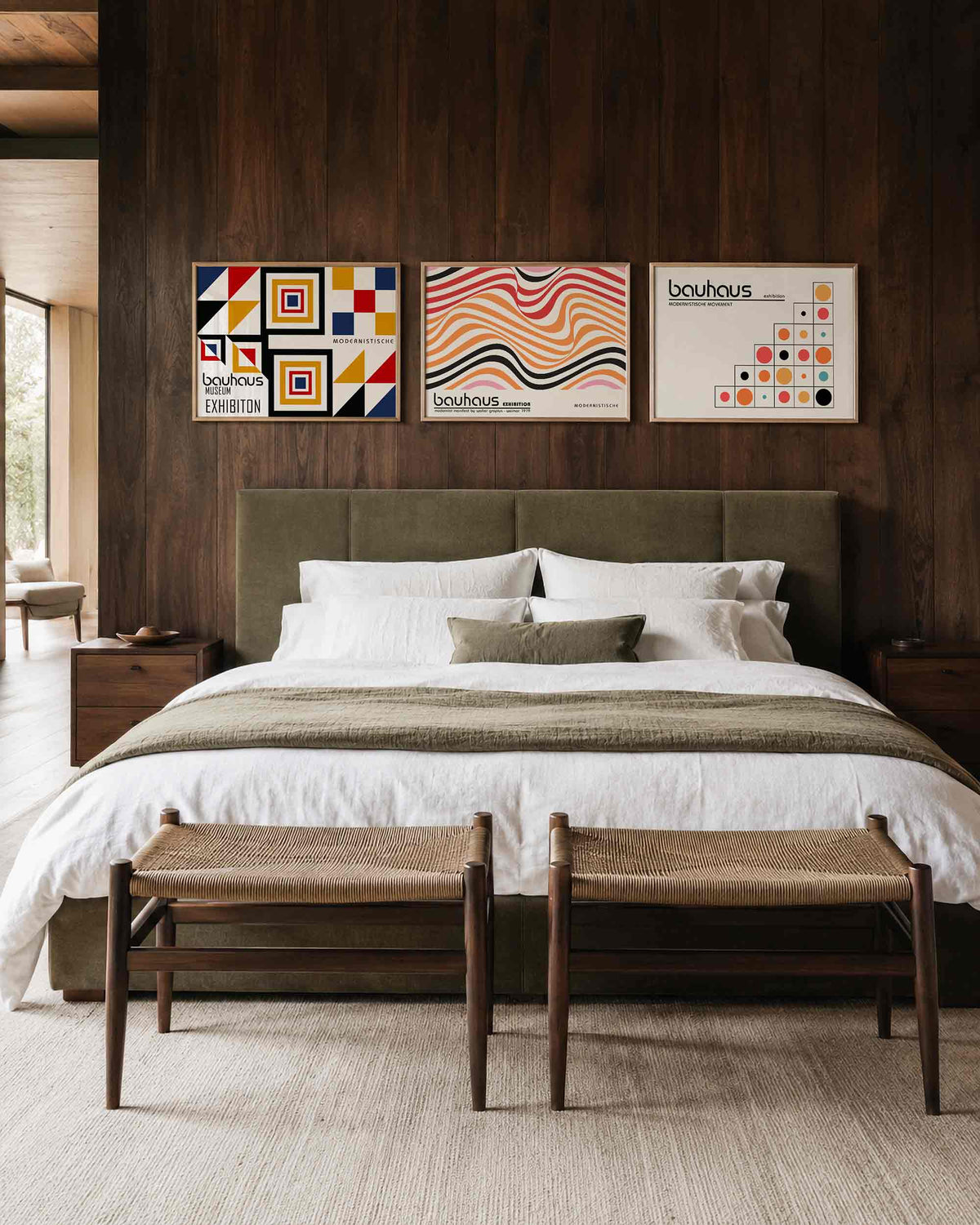 Interieurmockup van drieluik landscape-posterset met vlakken, golven en cirkels