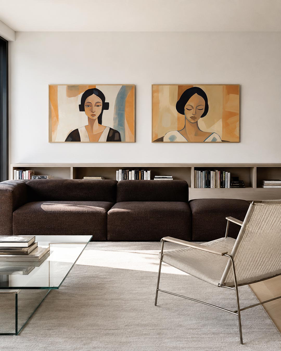 Tweedelige posterset met een vrouwelijk figuur met donkere haren en een serene blik, getoond in een interieur