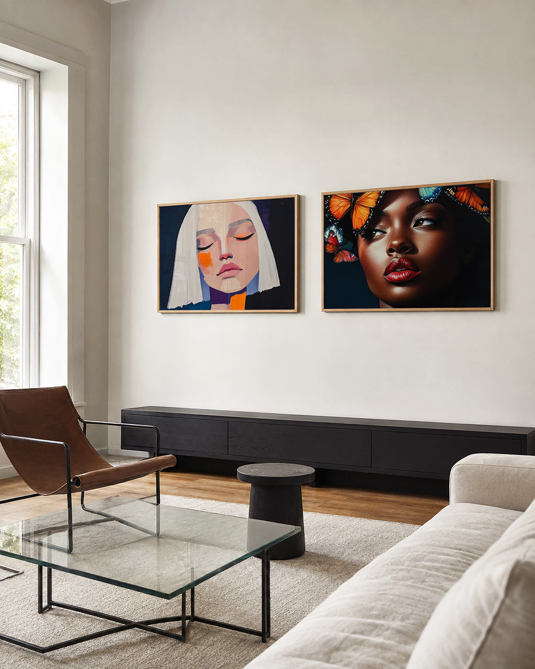 Twee liggende posters met donkere tinten en een rustige visuele opbouw, aan de muur in een interieur