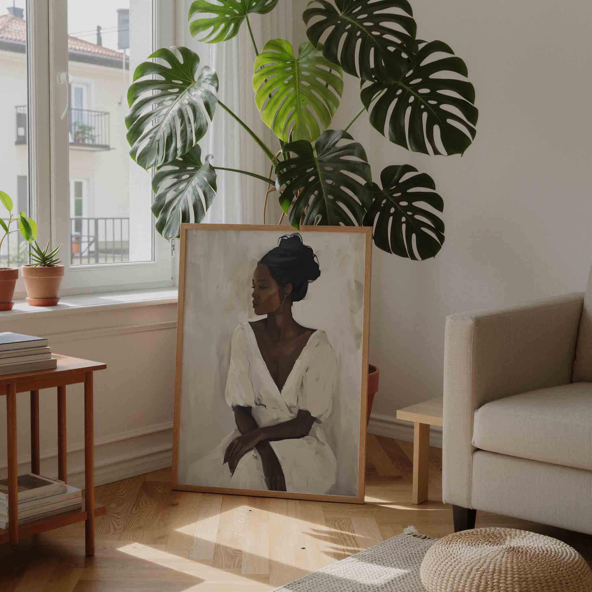 Vrouw in witte jurk Poster