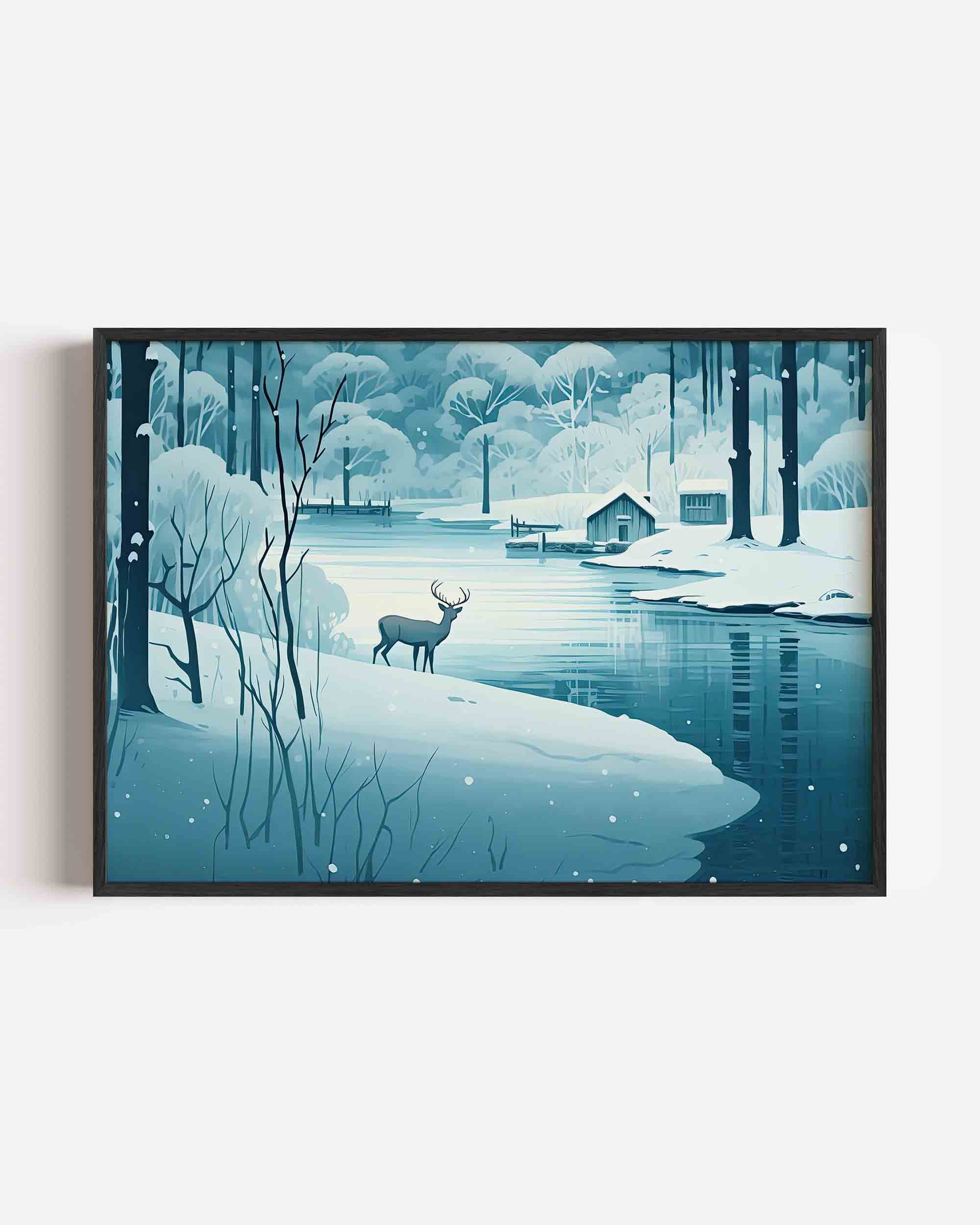 Hert bij besneeuwd meer Poster