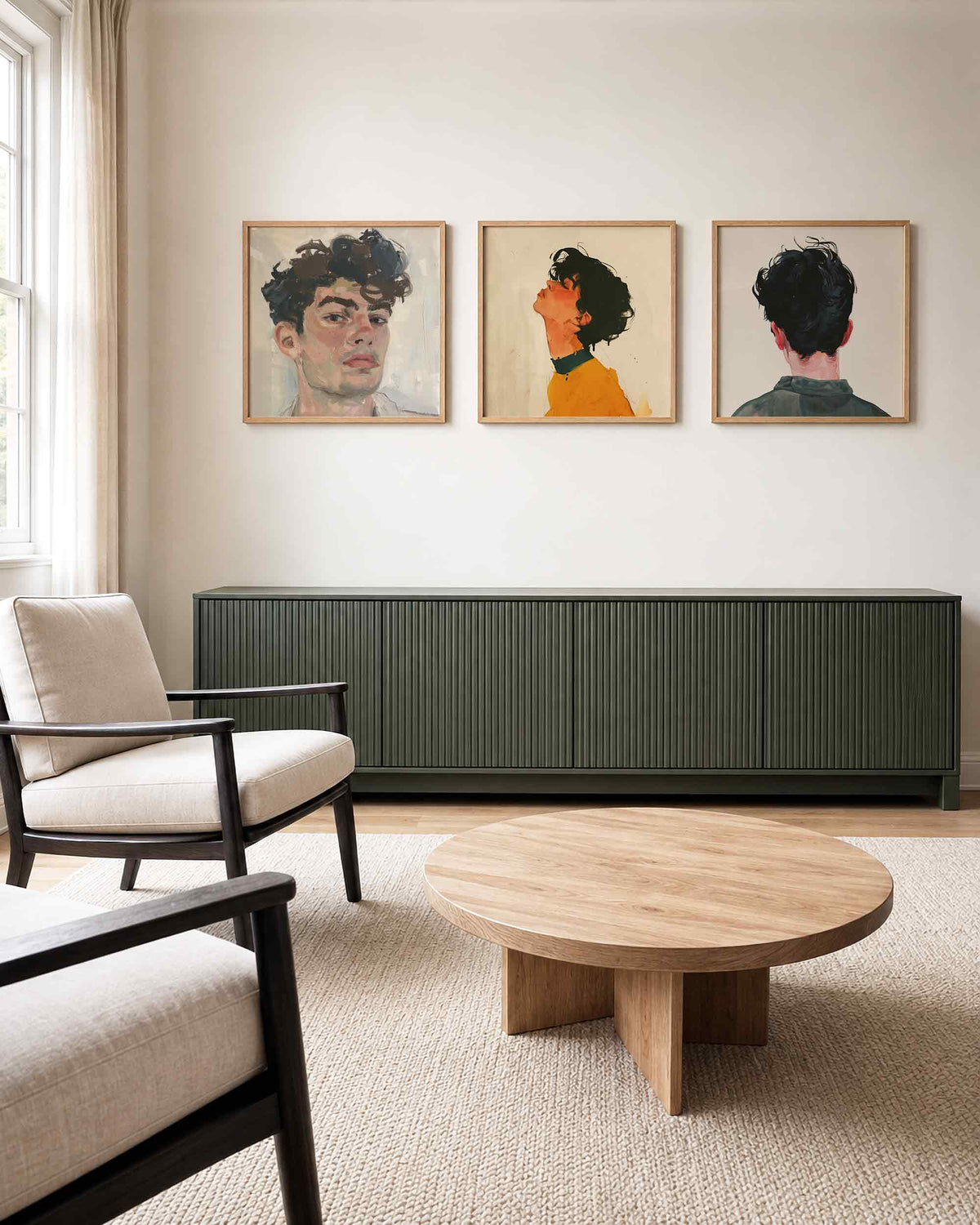 Interieurpresentatie van een driedelige vierkante posterset met geschilderde portretten
