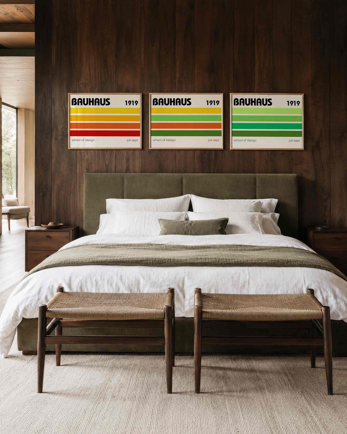 Interieurmockup van drieluik landscape-posterset met kleurbanen en jaartal