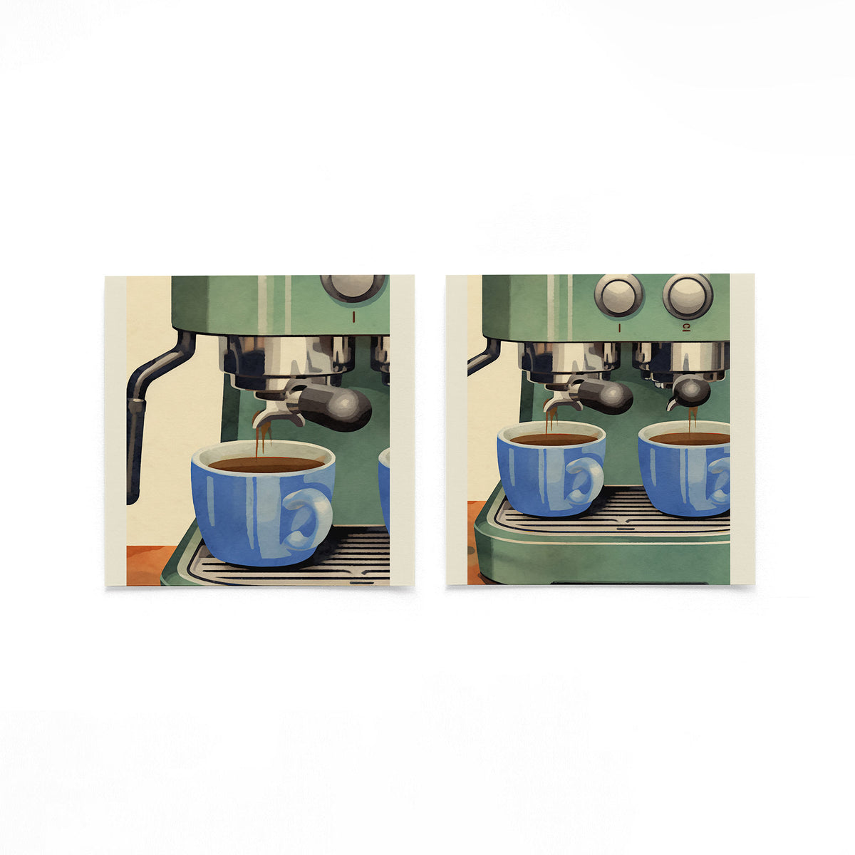 Twee vierkante posters met espressomachine en koffiekopjes op een gebroken witte achtergrond