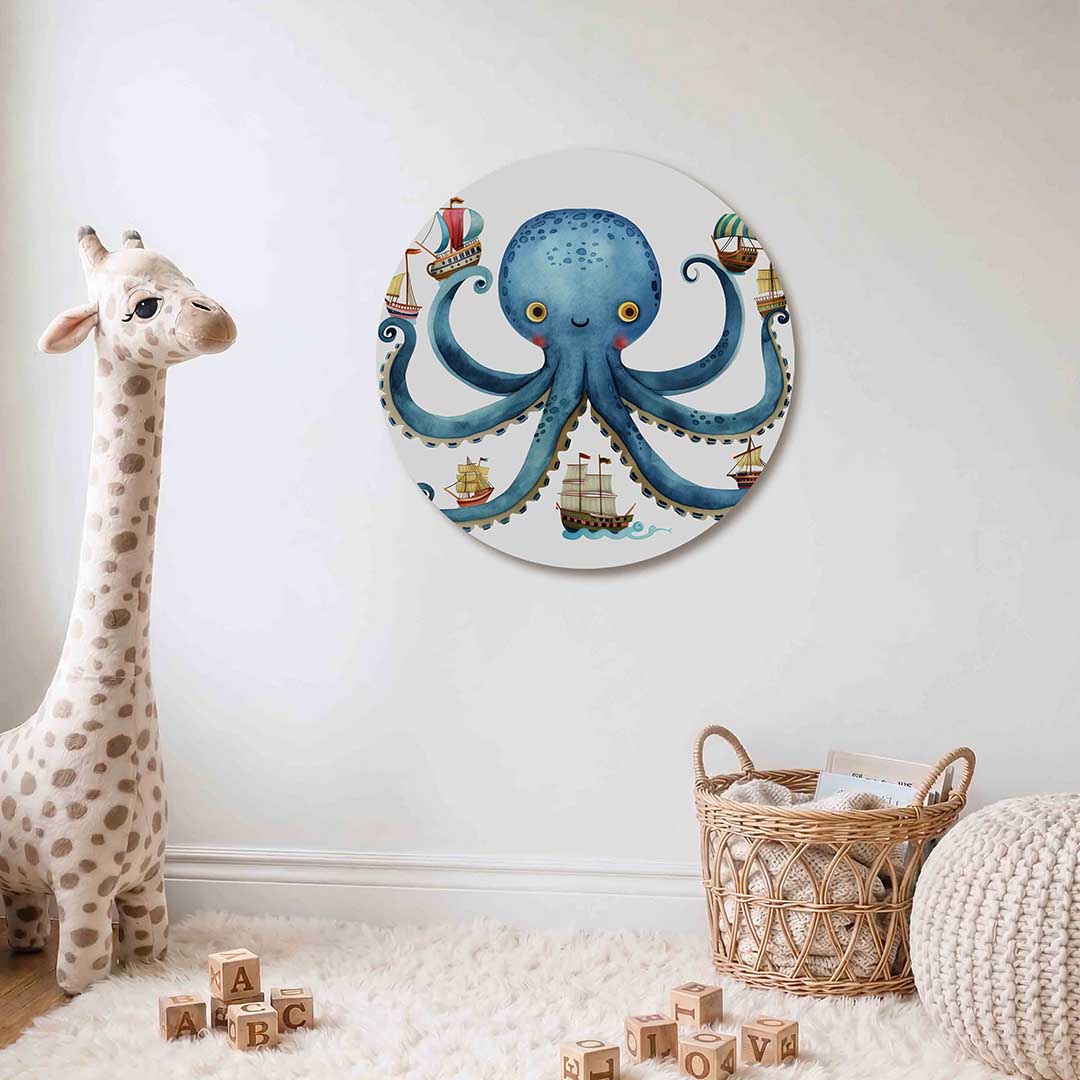 Blauwe octopus met schepen Muurcirkel