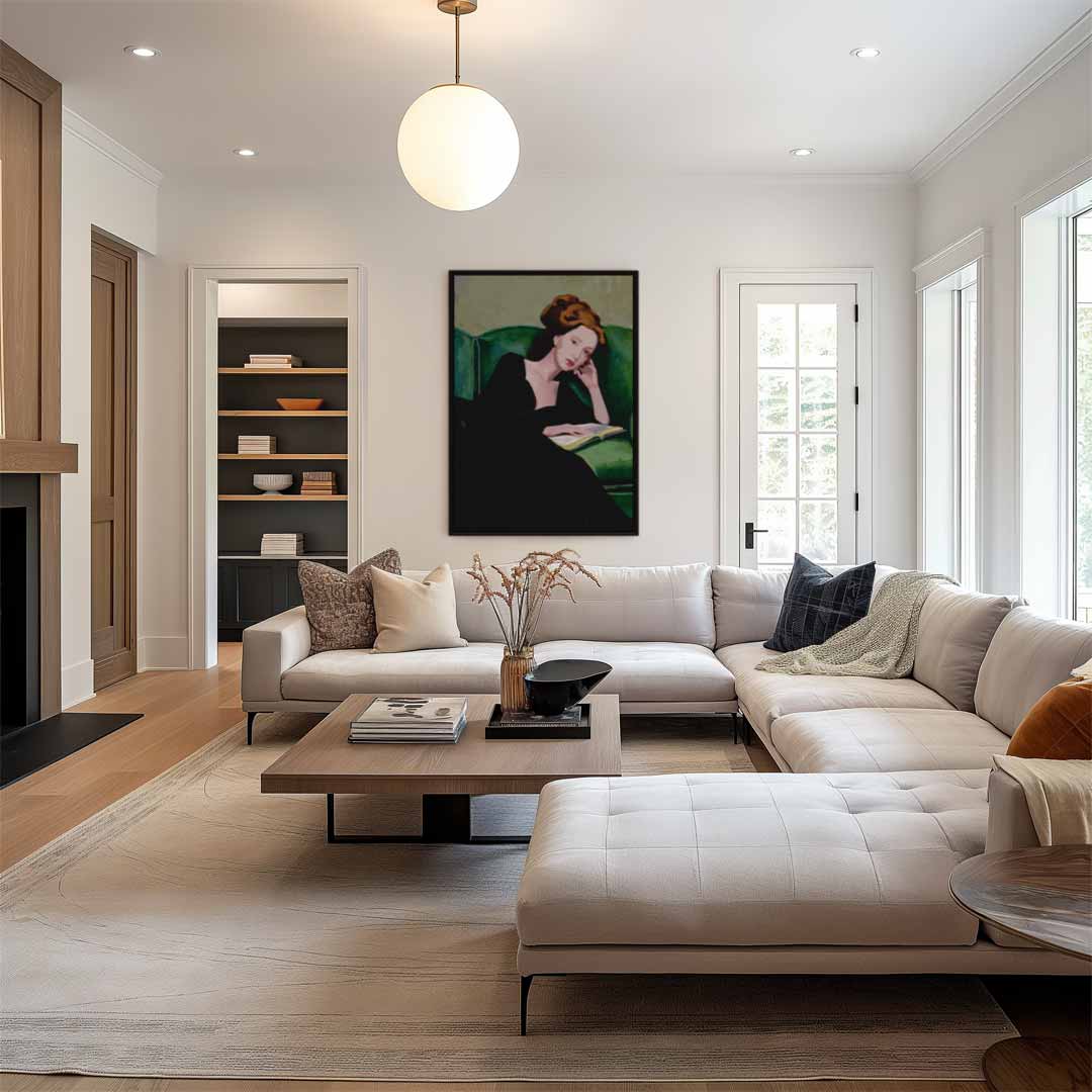 Dromerige Lezeres op Groene Bank Kunstwerk-canvas-dibond-plexiglas-wanddecoratie-WallArtistic