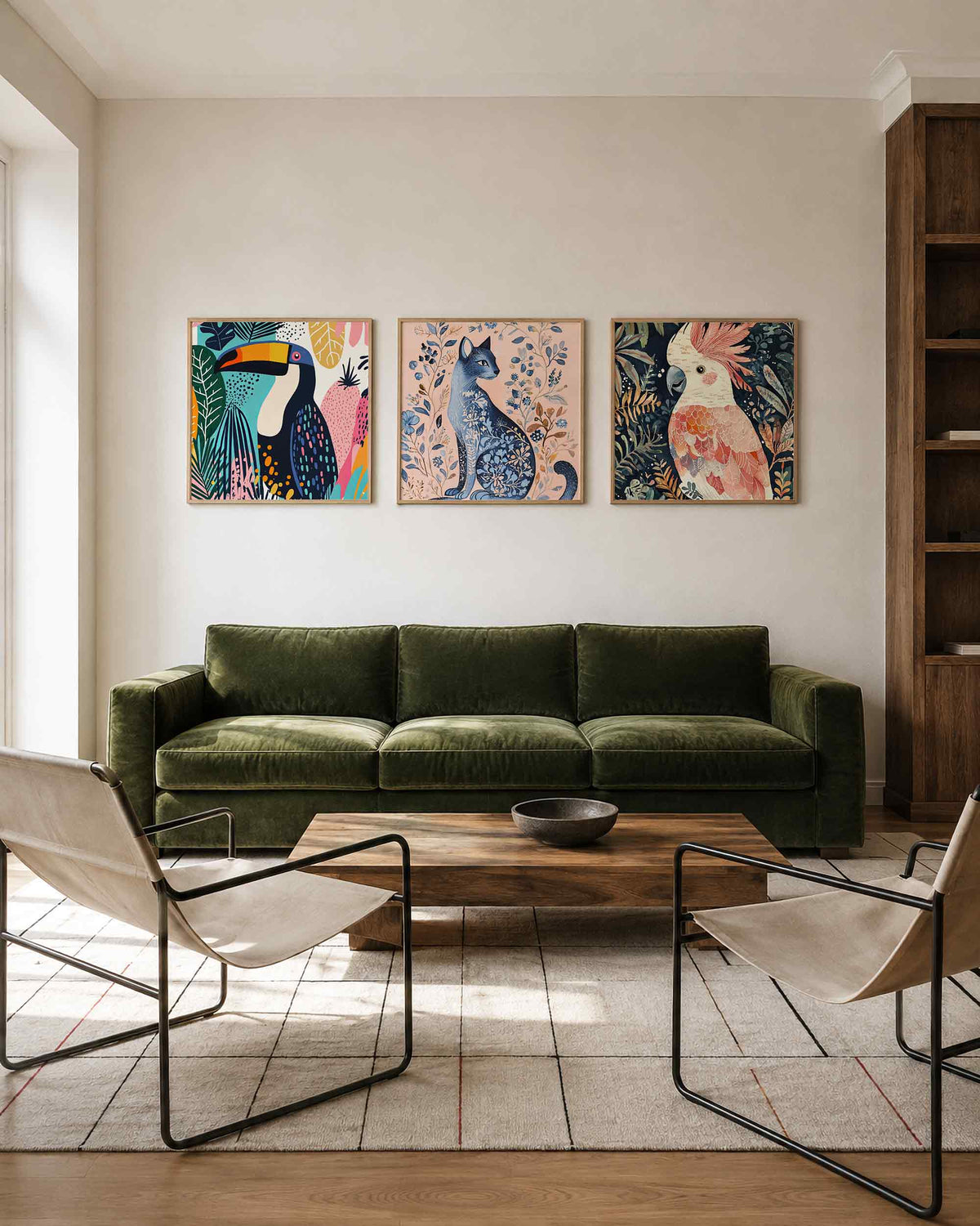 Interieurpresentatie van een driedelige vierkante posterset met tropische vogels en vos