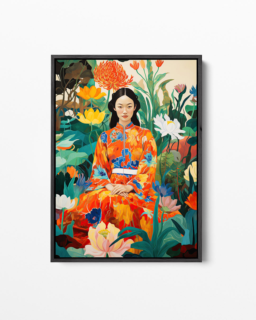 Vrouw in bloementuin Kunstwerk