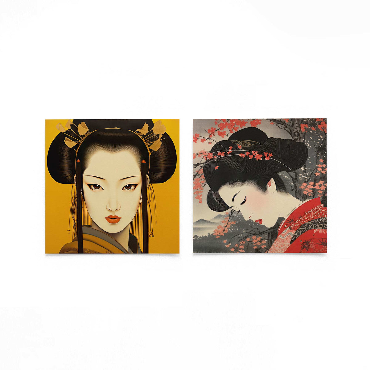 Twee vierkante posters met japanse vrouwenportretten op een gebroken witte achtergrond