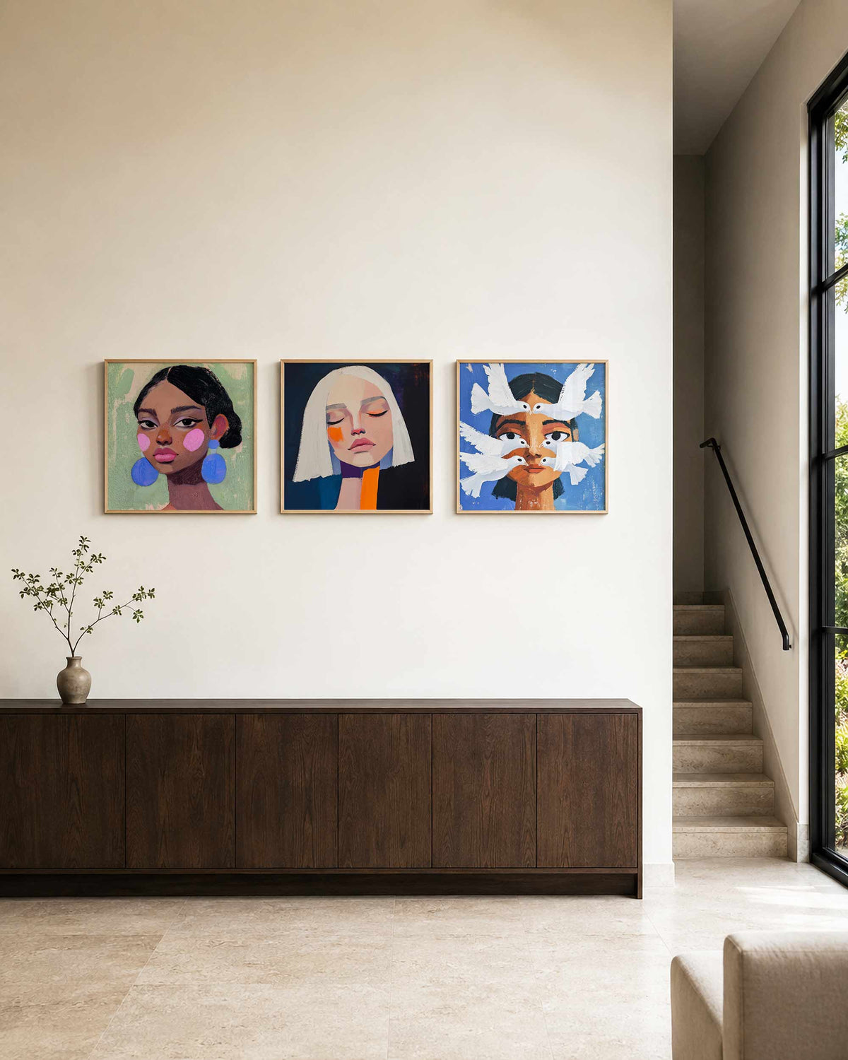 Interieurpresentatie van een driedelige vierkante posterset met portretten met vogels