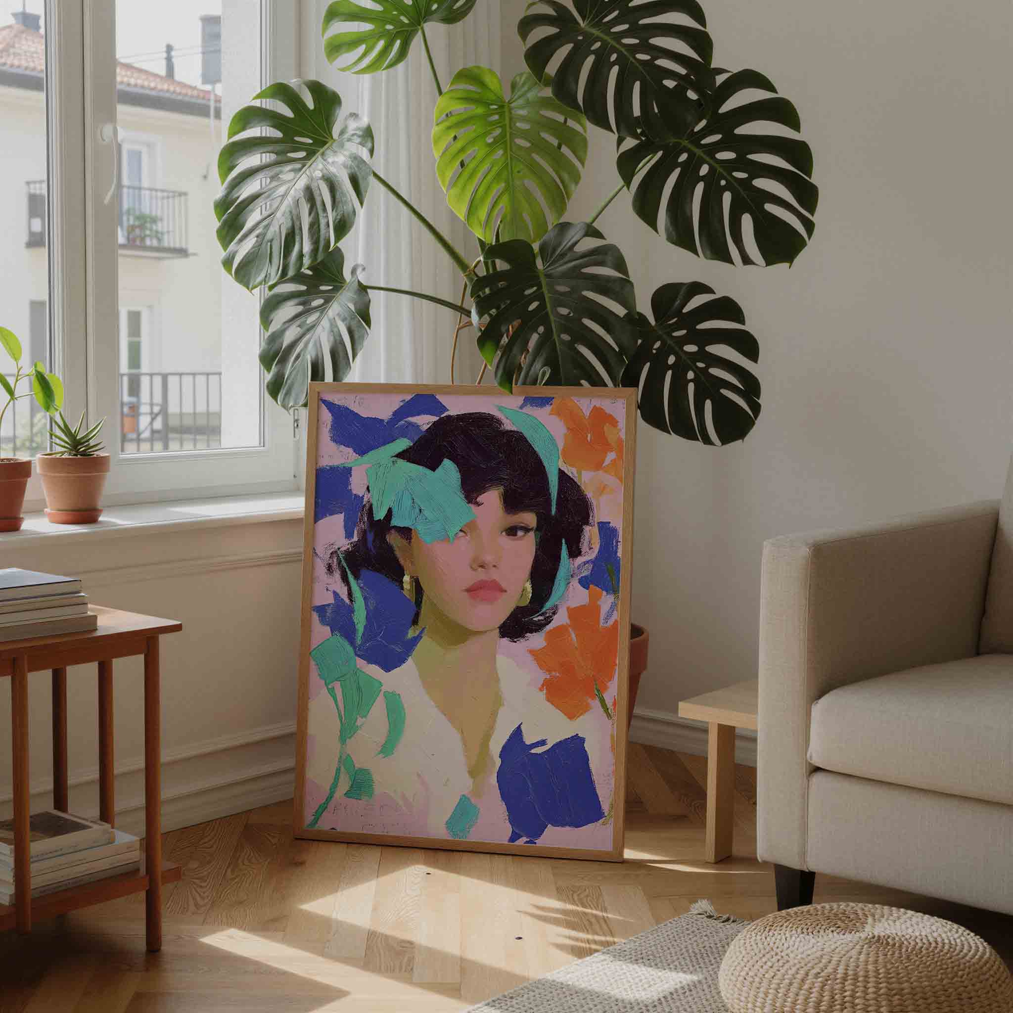 Vrouwelijk portret met kleurrijke accenten Poster