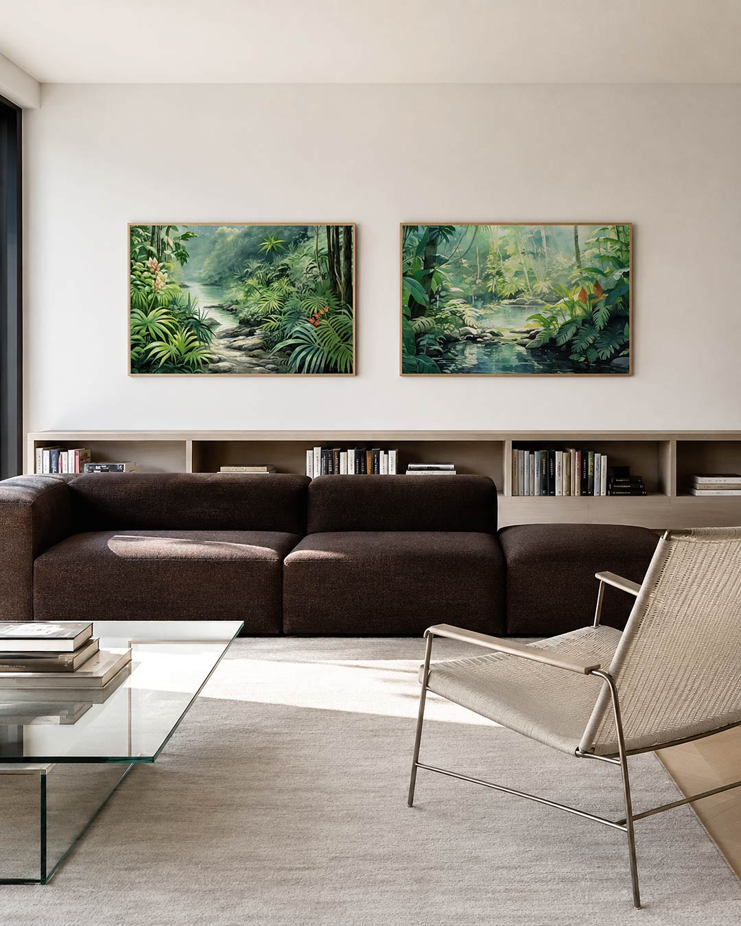 Interieurbeeld met twee liggende posters: bladeren en bloemen rond een rustige waterstroom