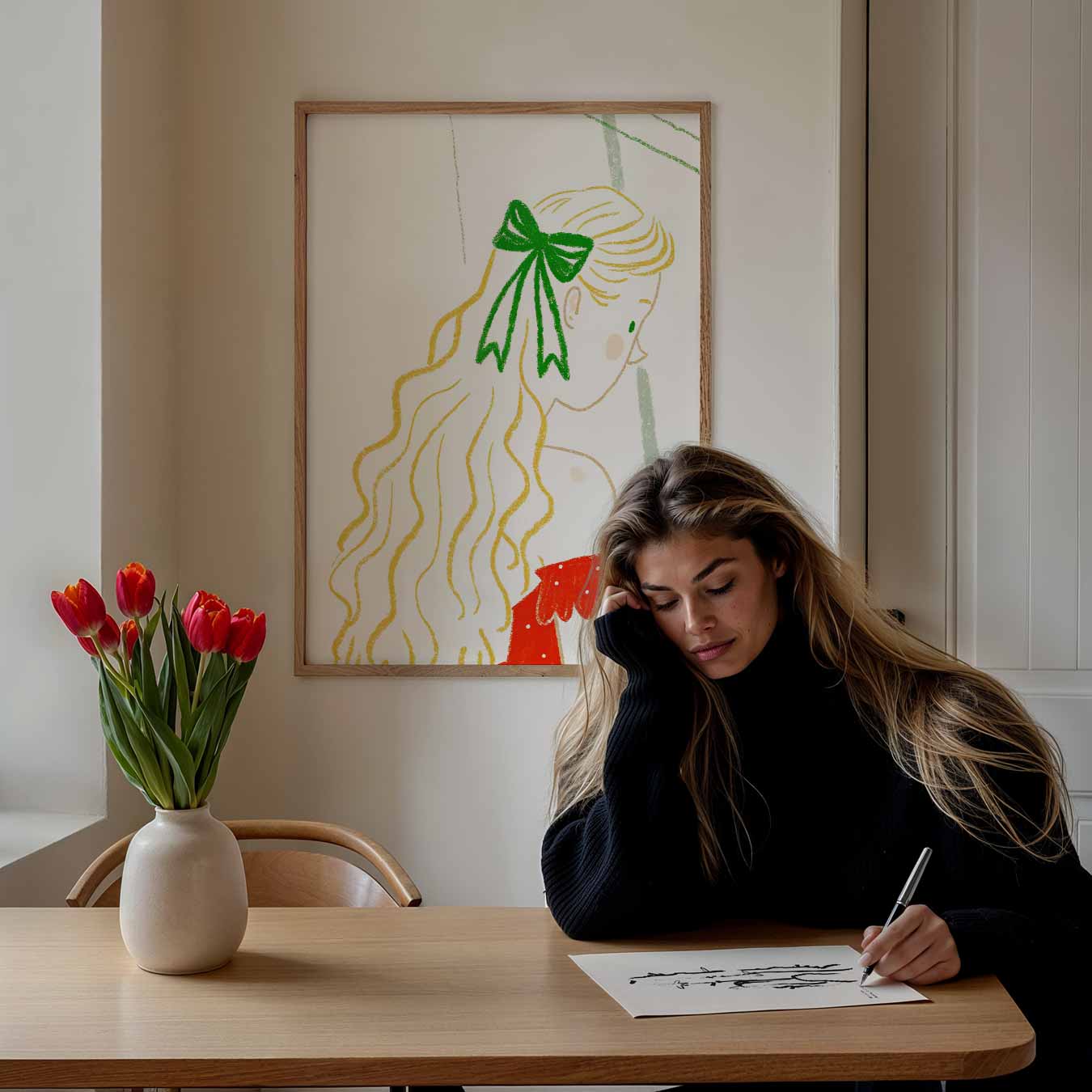 Dromerige Illustratie Van Meisje Met Strik Poster-WallArtistic