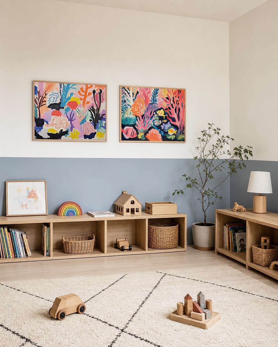 Interieurpresentatie van twee posters met organische vormen en levendige kleuren
