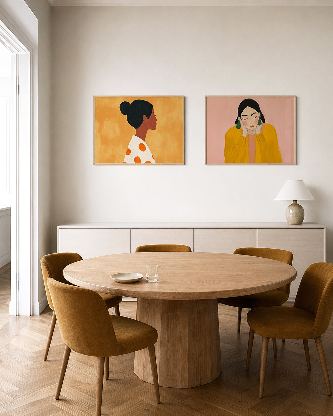Tweedelige posterset met een zijaanzicht van een vrouw met een donkere knot, getoond in een interieur