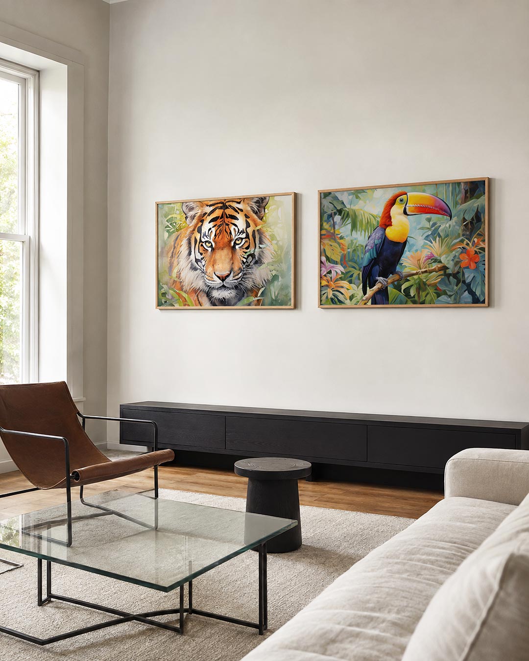 Tweedelige posterset met een tijgerkop tussen zachte groene bladeren, getoond in een interieur