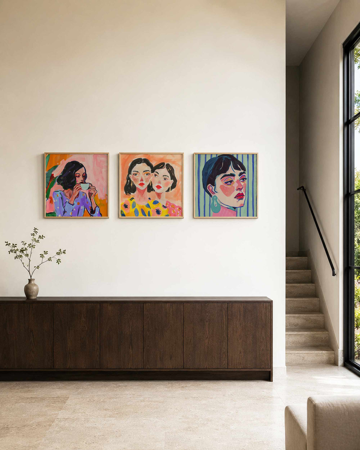 Interieurpresentatie van een driedelige vierkante posterset met vrouwelijke portretten