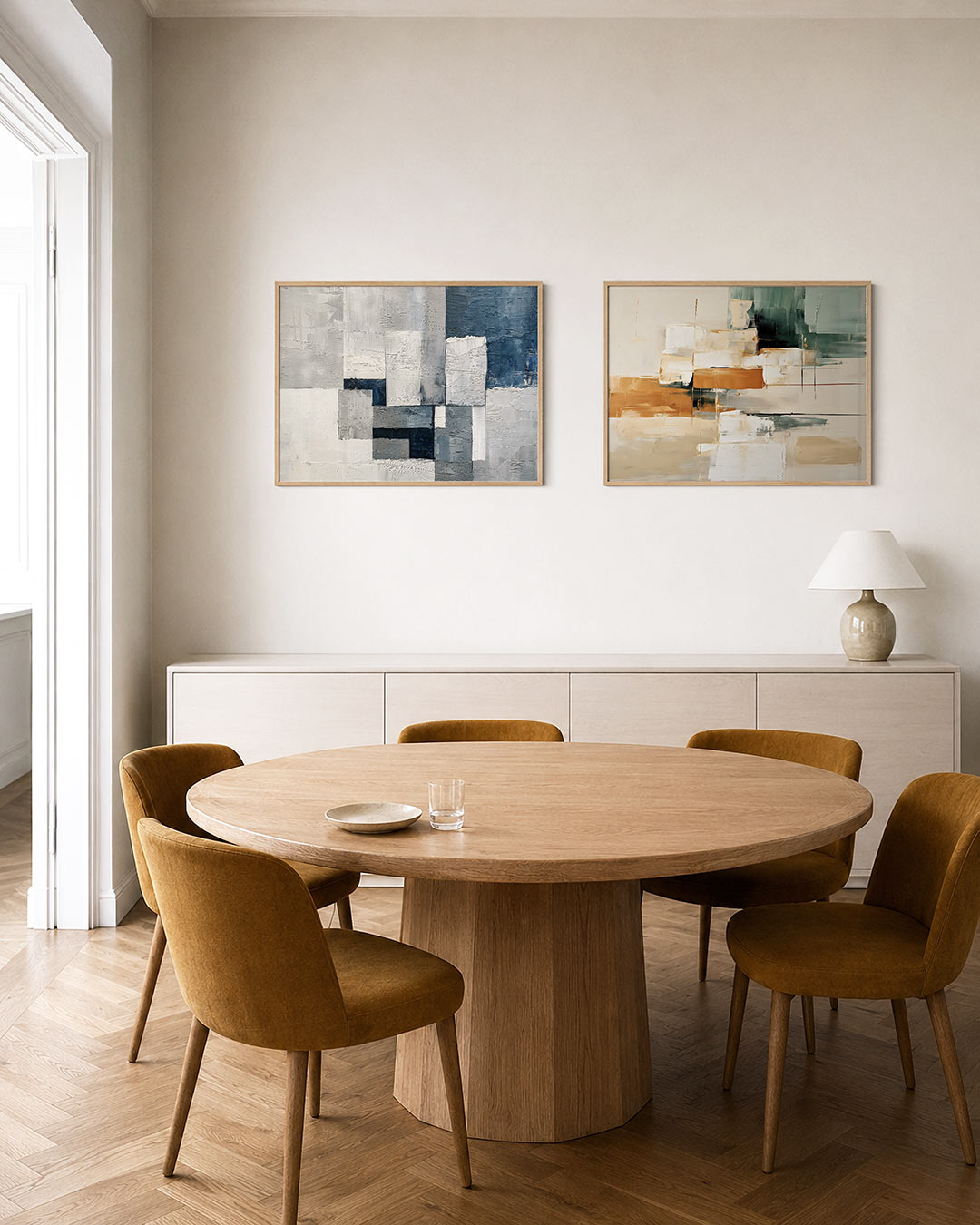 Tweedelige posterset met een spel van rechthoeken in grijstinten en blauw, getoond in een interieur