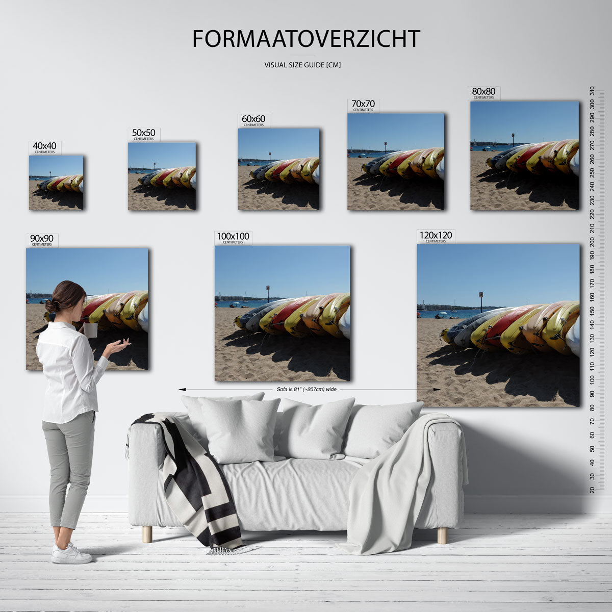 Kleurrijke kajaks strand Kunstwerk