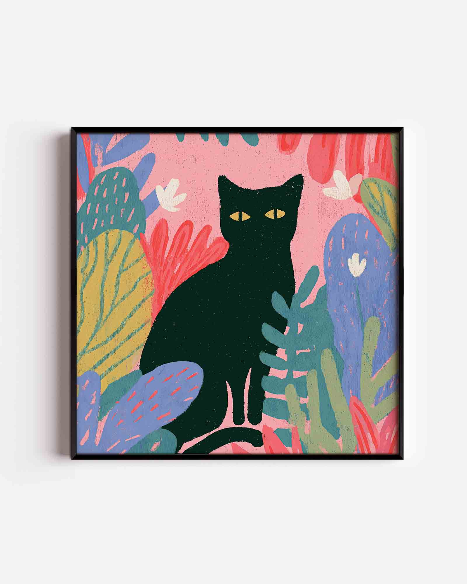 Zwarte kat met kleurrijke bladeren Poster