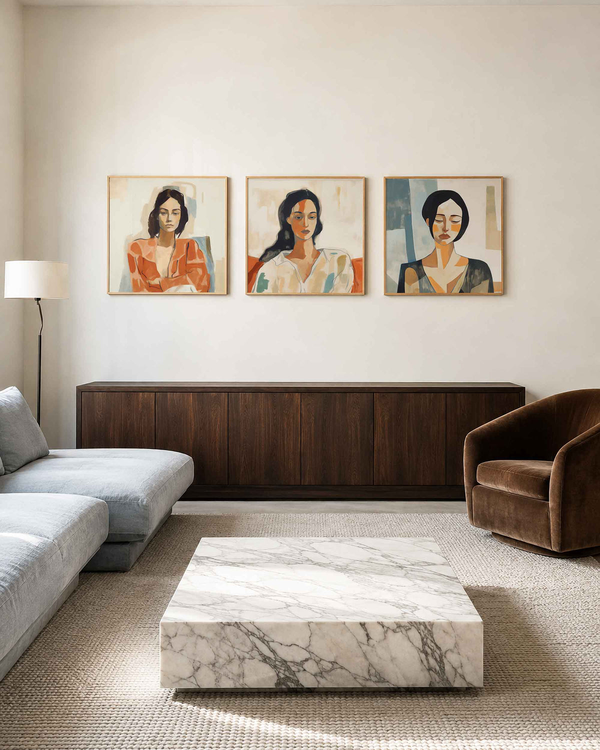 Interieurpresentatie van een driedelige vierkante posterset met abstracte vrouwenportretten