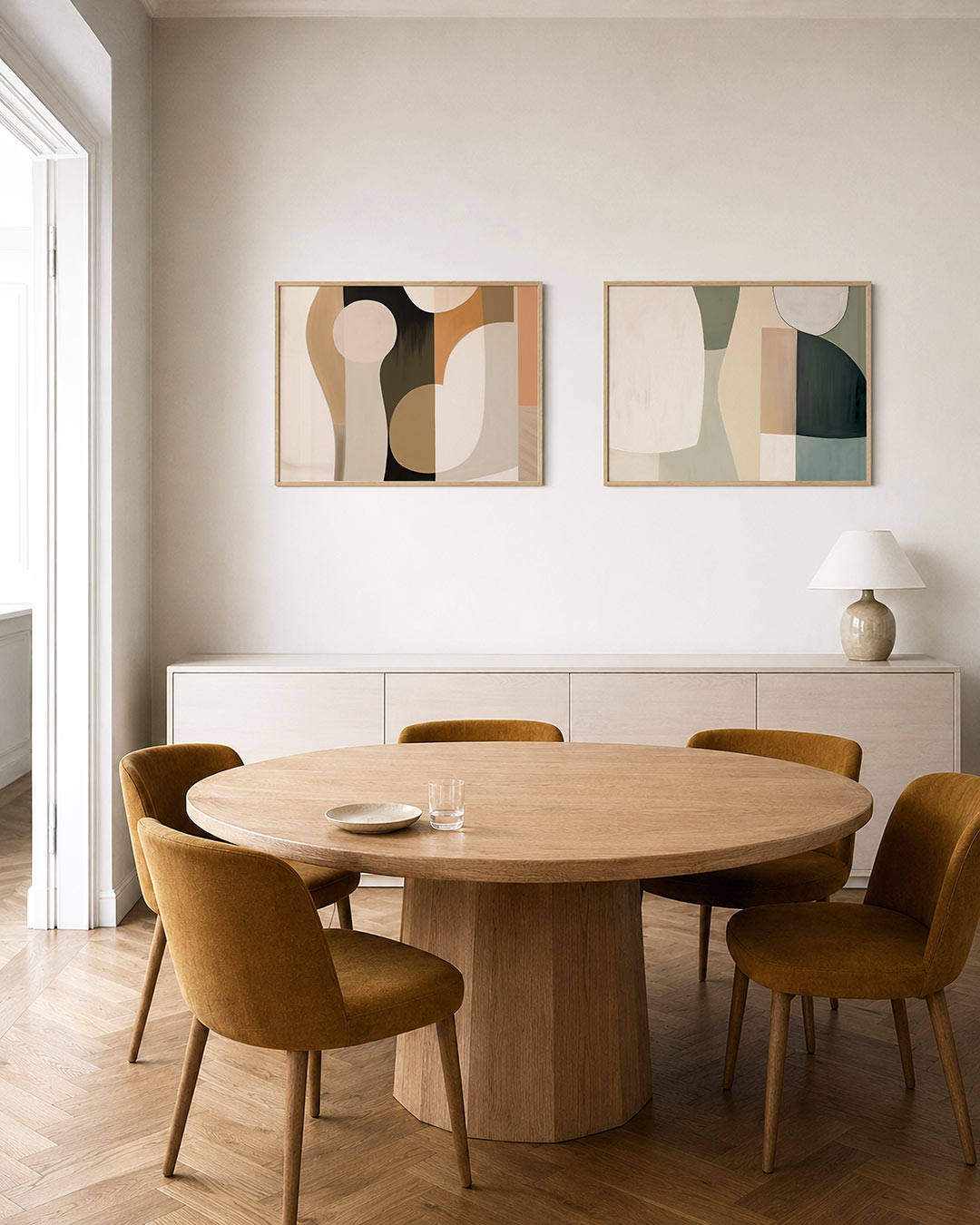 Interieurpresentatie van twee posters met vloeiende lijnen en zachte kleurvlakken in beige, bruin en zwart