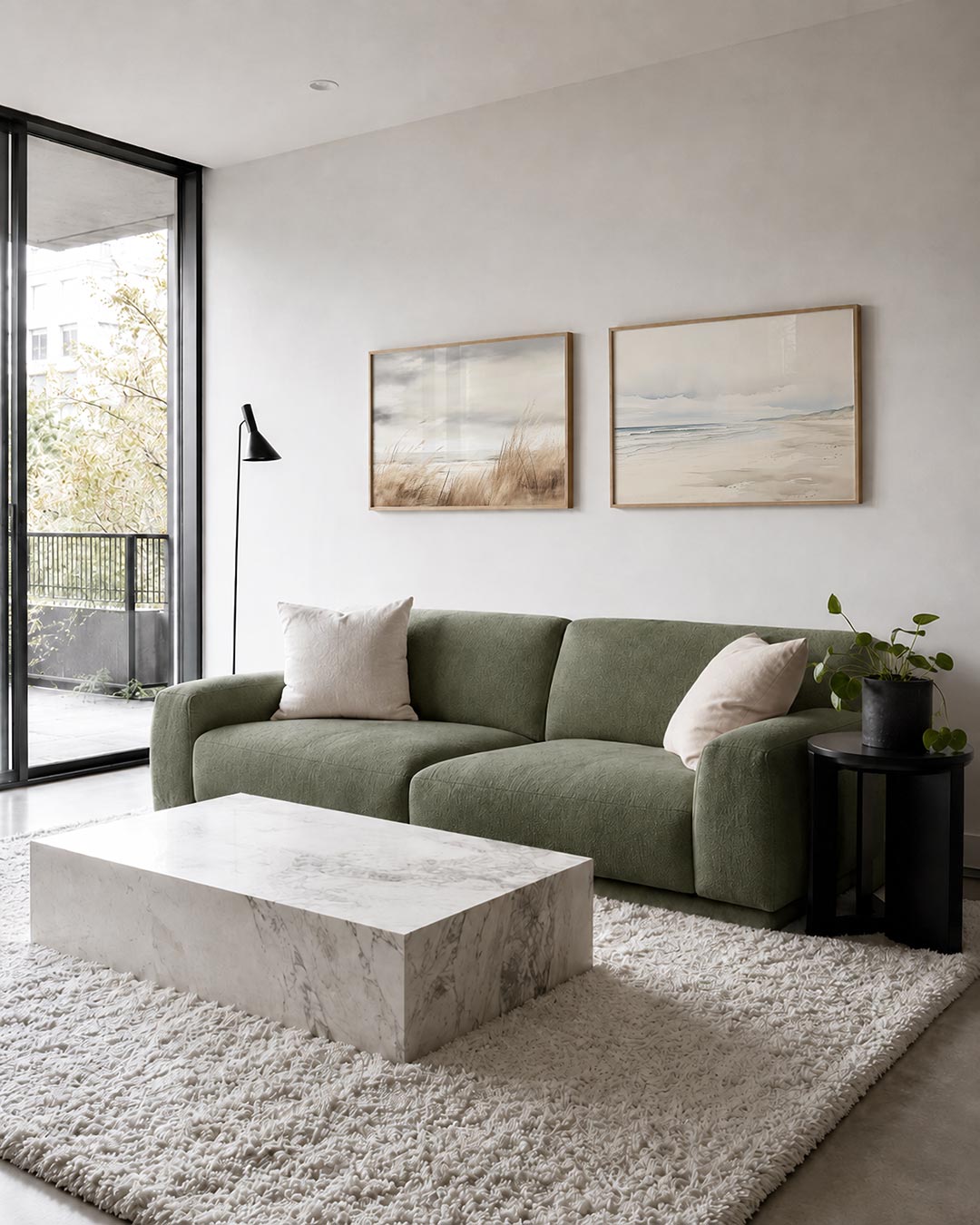 Twee liggende posters met een landschap met wuivend gras en een bewolkte lucht, aan de muur in een interieur
