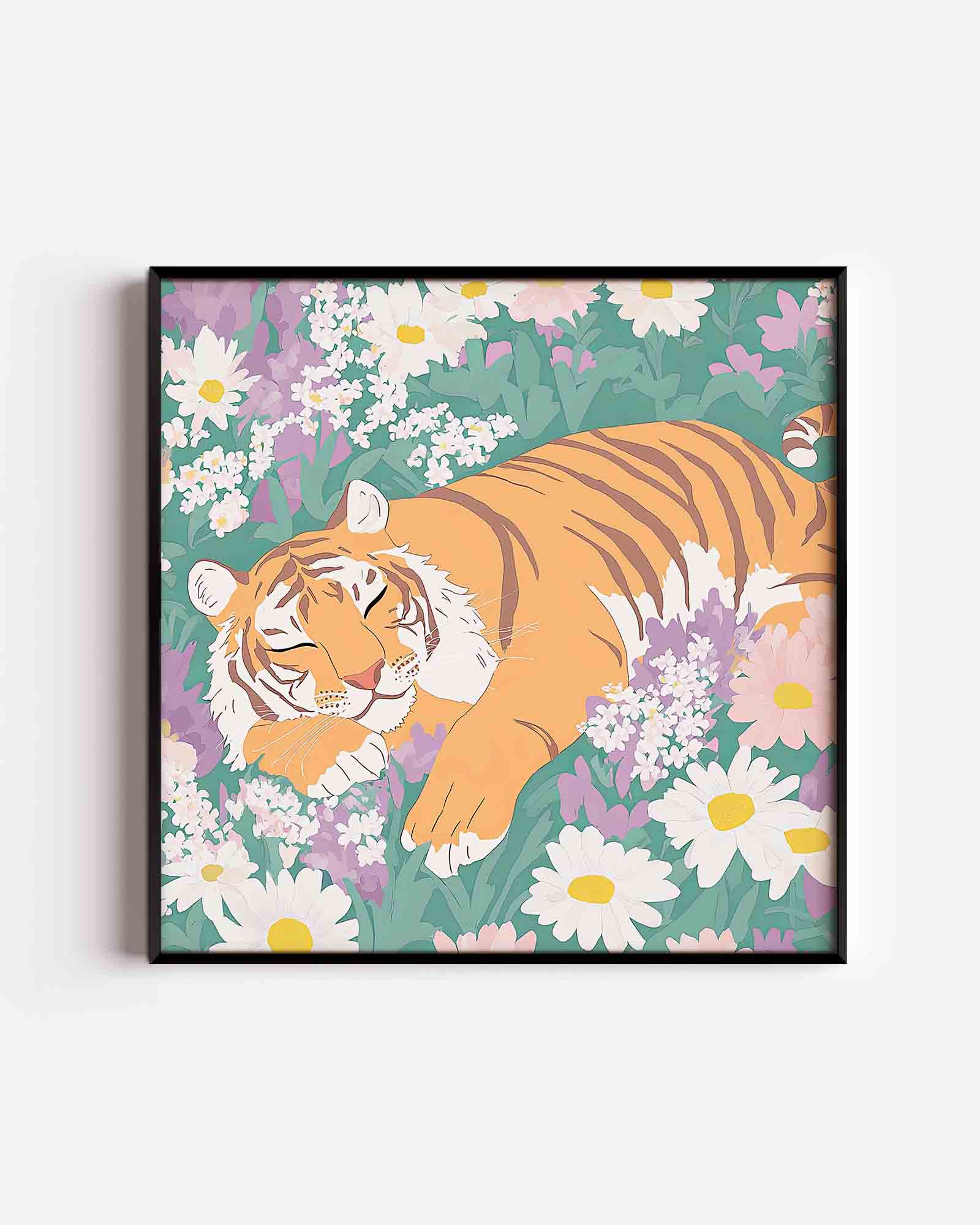 Slapende tijger tussen bloemen Poster