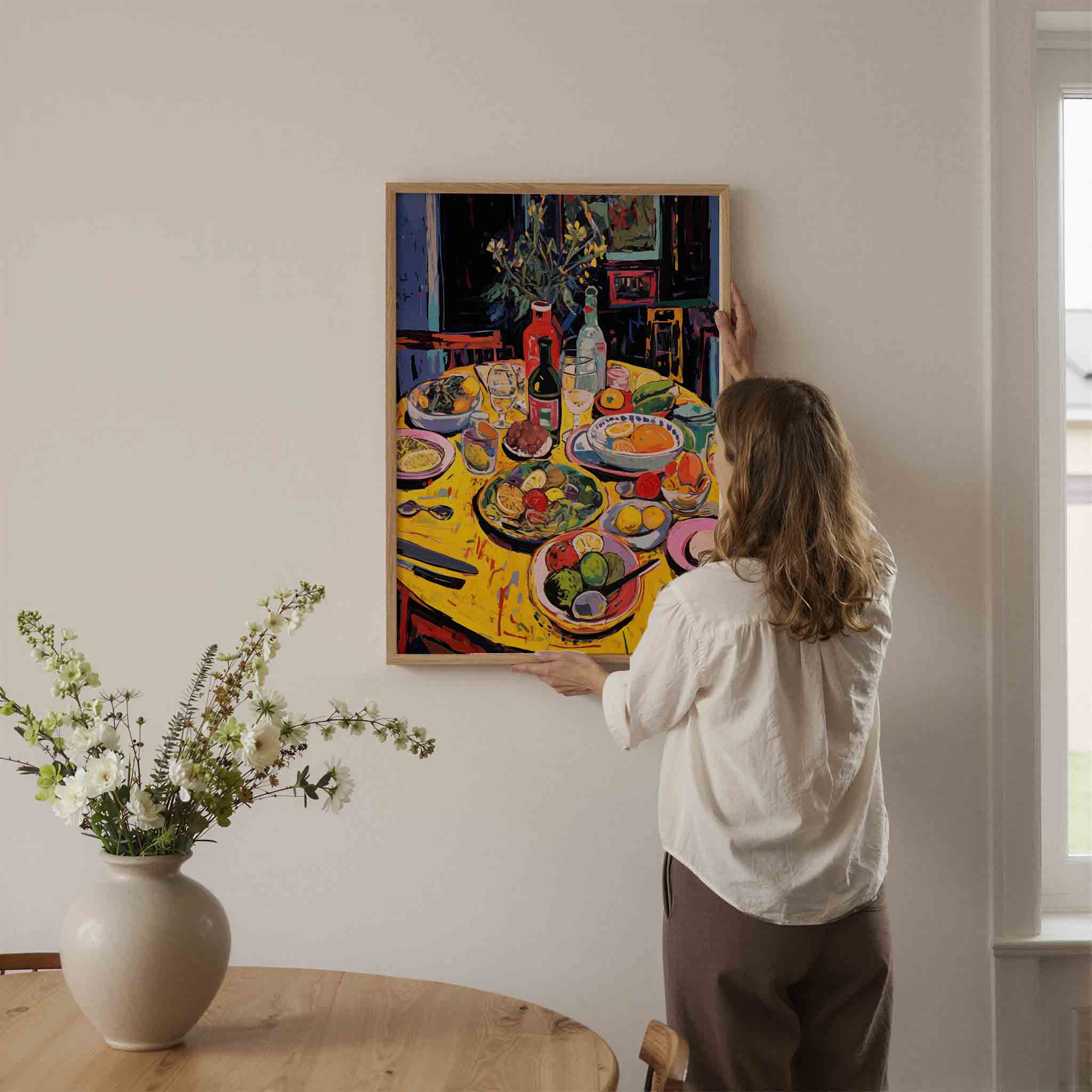 Fruit en flessen op tafel Poster