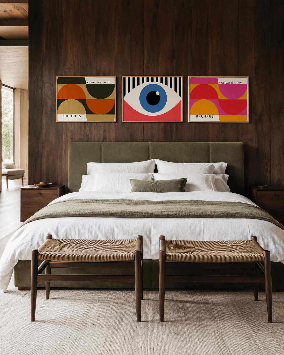 Interieurmockup van drieluik landscape-posterset met cirkelvelden en blik