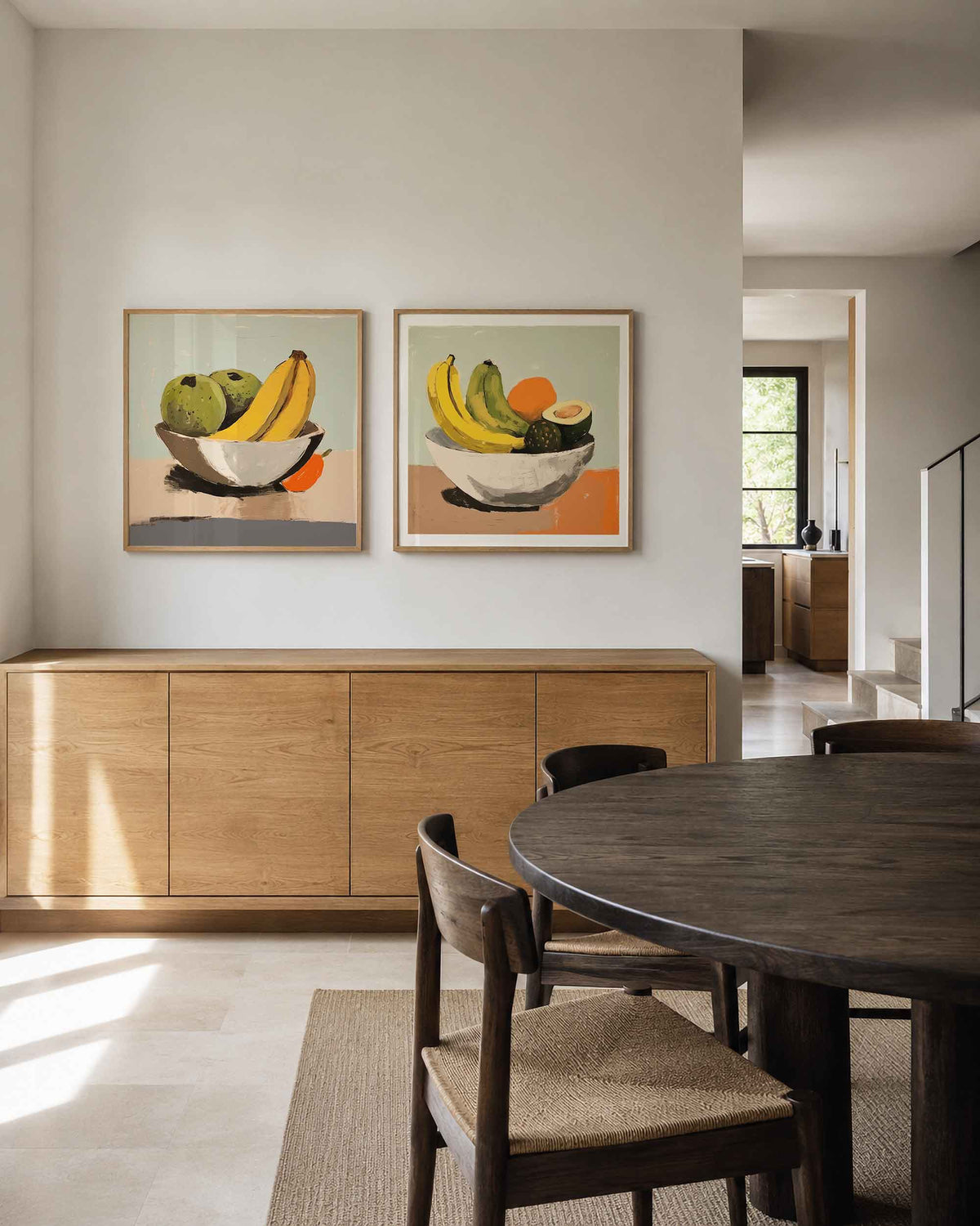 Interieurpresentatie van een tweedelige vierkante posterset met fruit in schalen