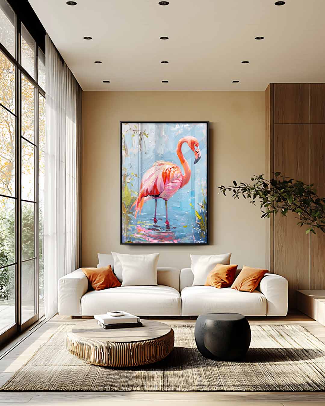 Flamingo op Blauw Canvas Kunstwerk-canvas-dibond-plexiglas-wanddecoratie-WallArtistic