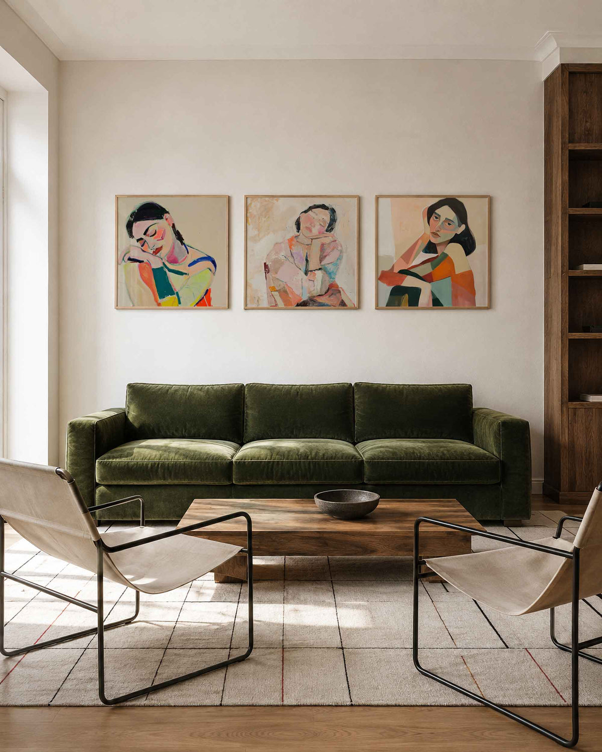 Interieurpresentatie van een driedelige vierkante posterset met abstracte vrouwenportretten