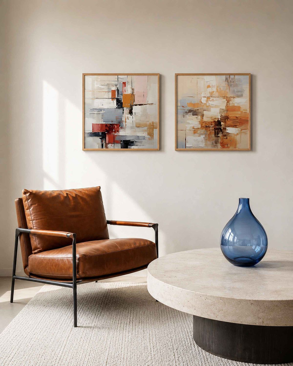 Interieurpresentatie van een tweedelige vierkante posterset met abstracte vlakken
