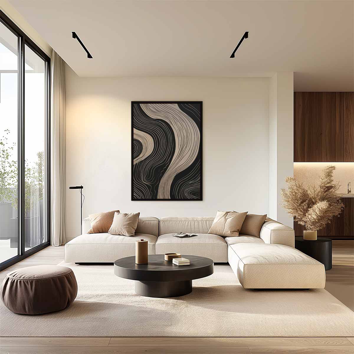 Golvende Lijnen op Zwart Kunstwerk-canvas-dibond-plexiglas-wanddecoratie-WallArtistic