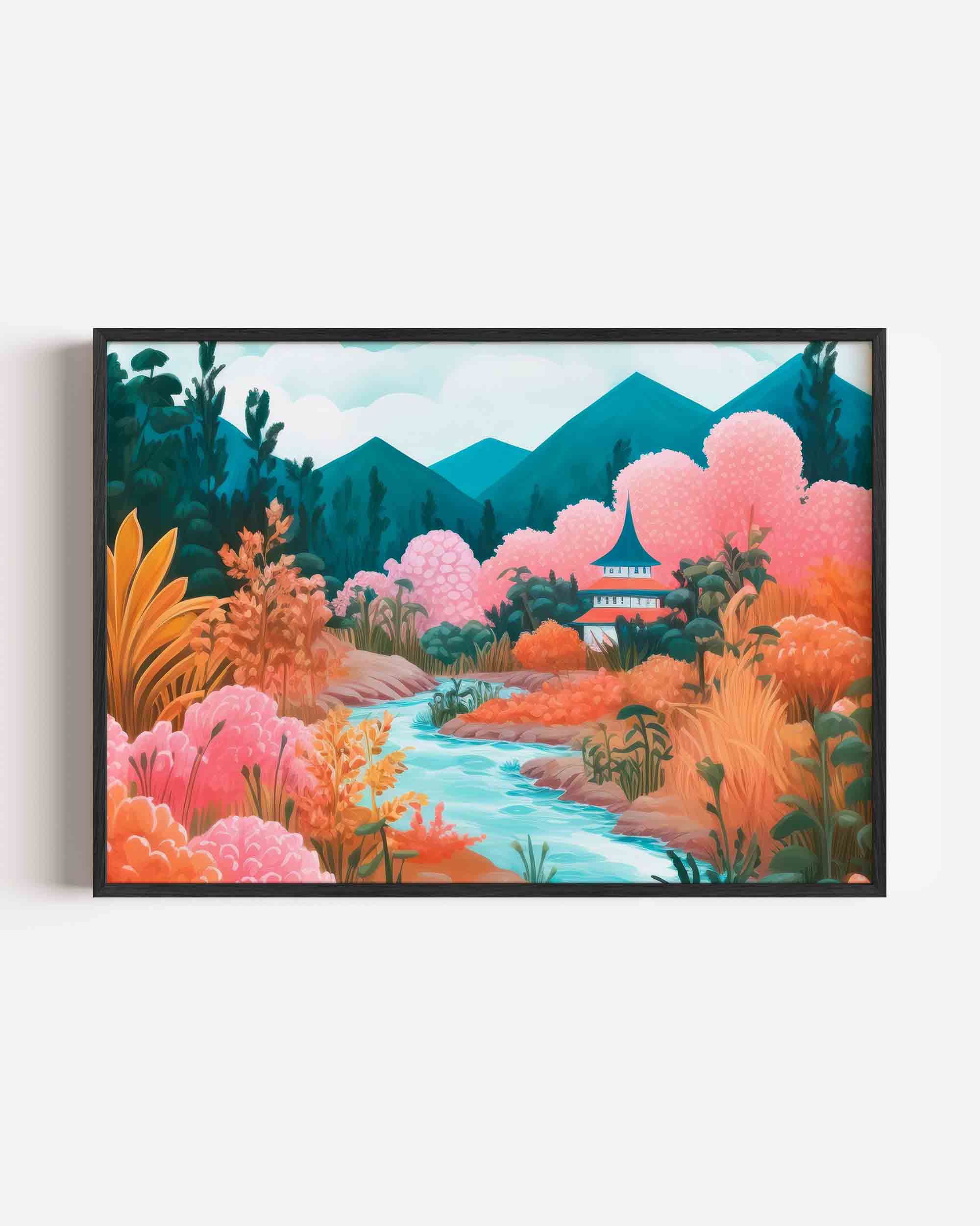 Landschap met rivier en pagode Poster