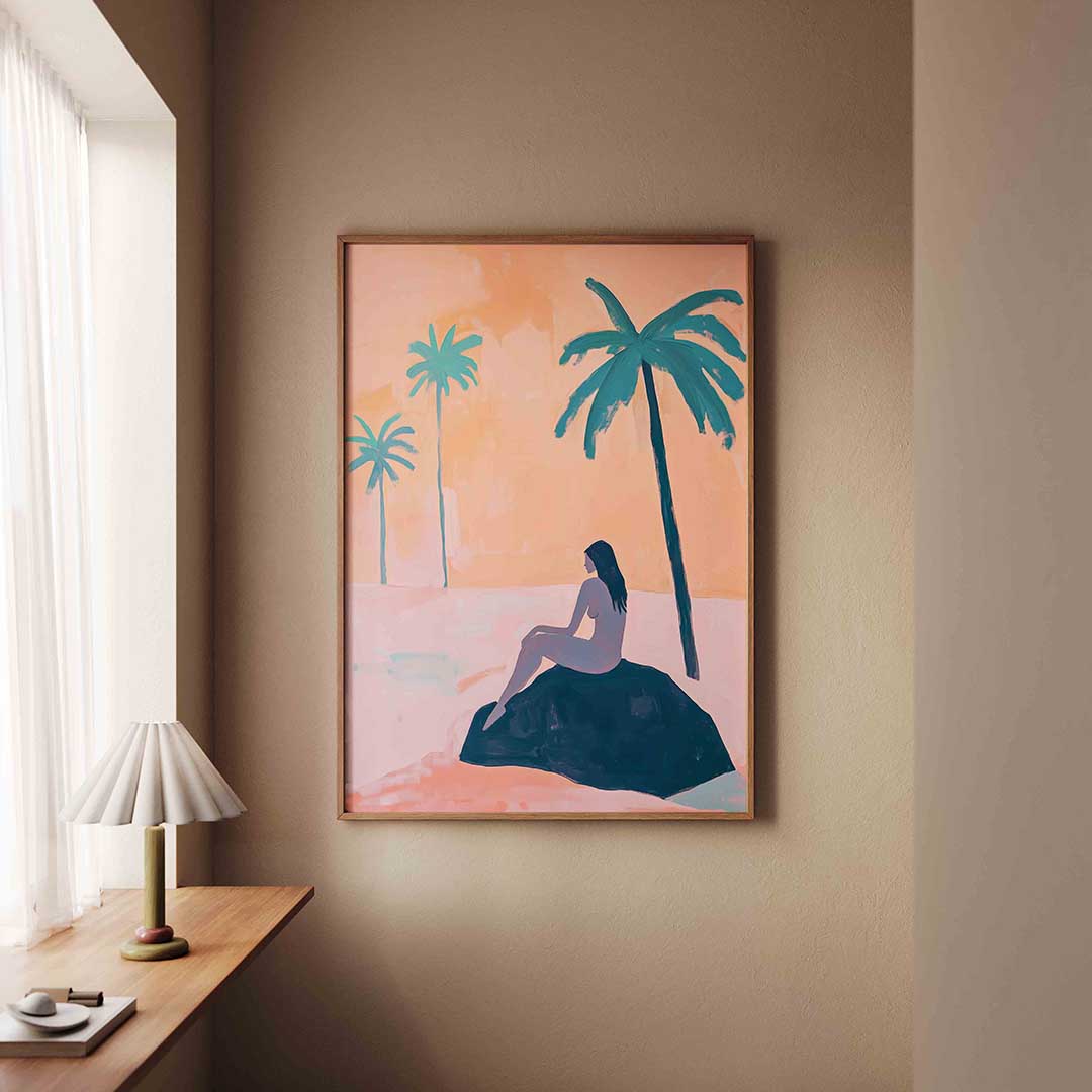Zittende figuur met palmbomen Poster