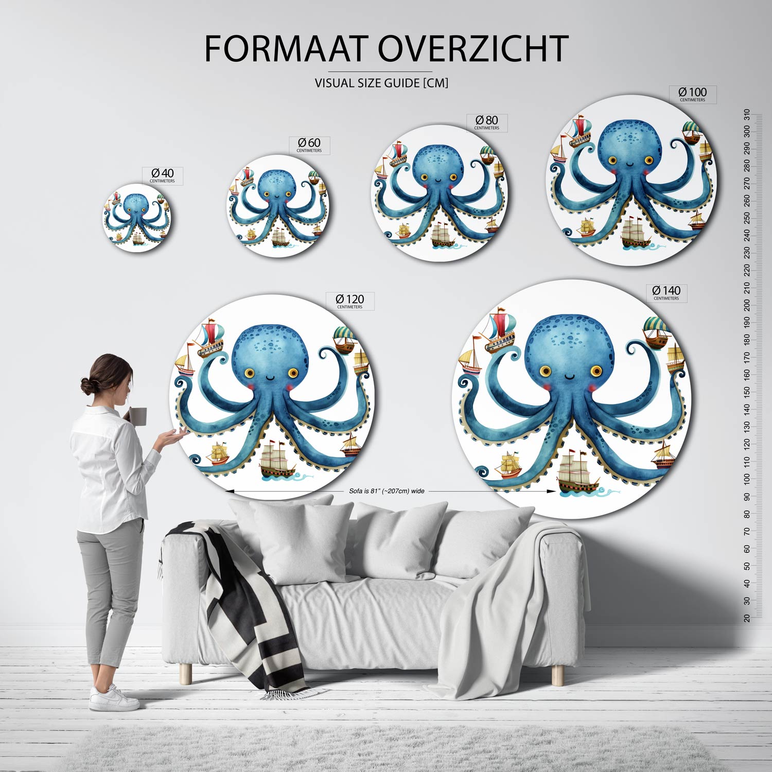 Blauwe octopus met schepen Muurcirkel