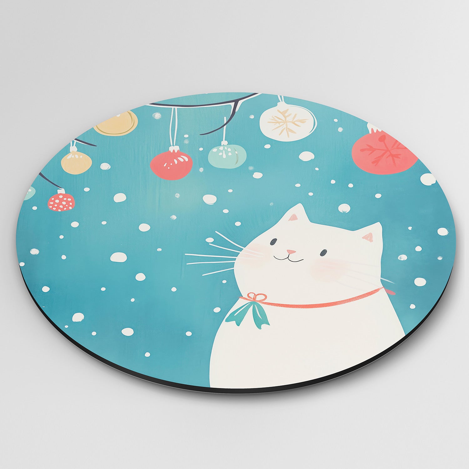 Witte kat met kerstballen Muurcirkel