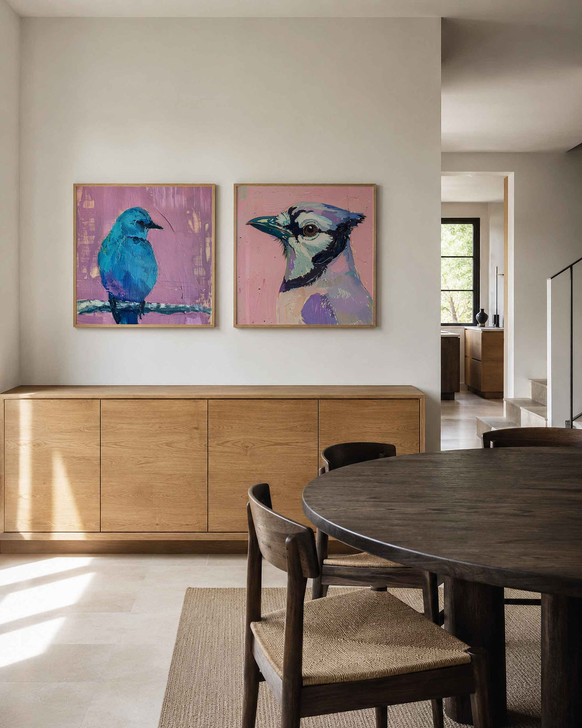 Interieurpresentatie van een tweedelige vierkante posterset met blauwe vogels