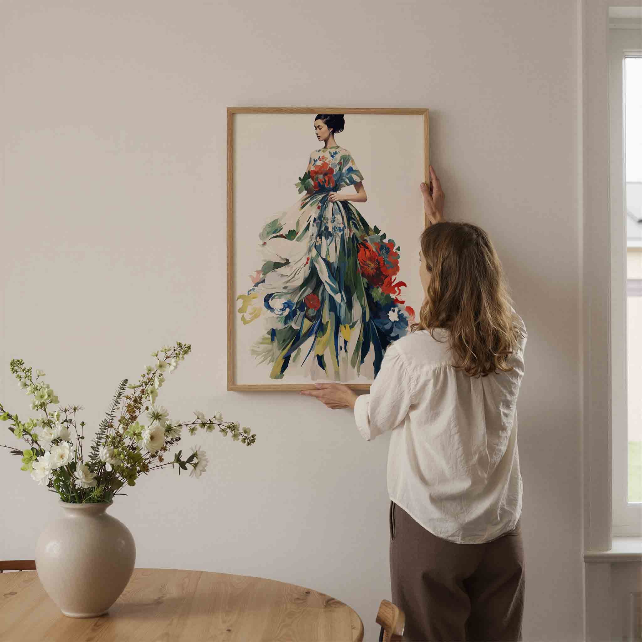 Vrouw in bloemenjurk Poster