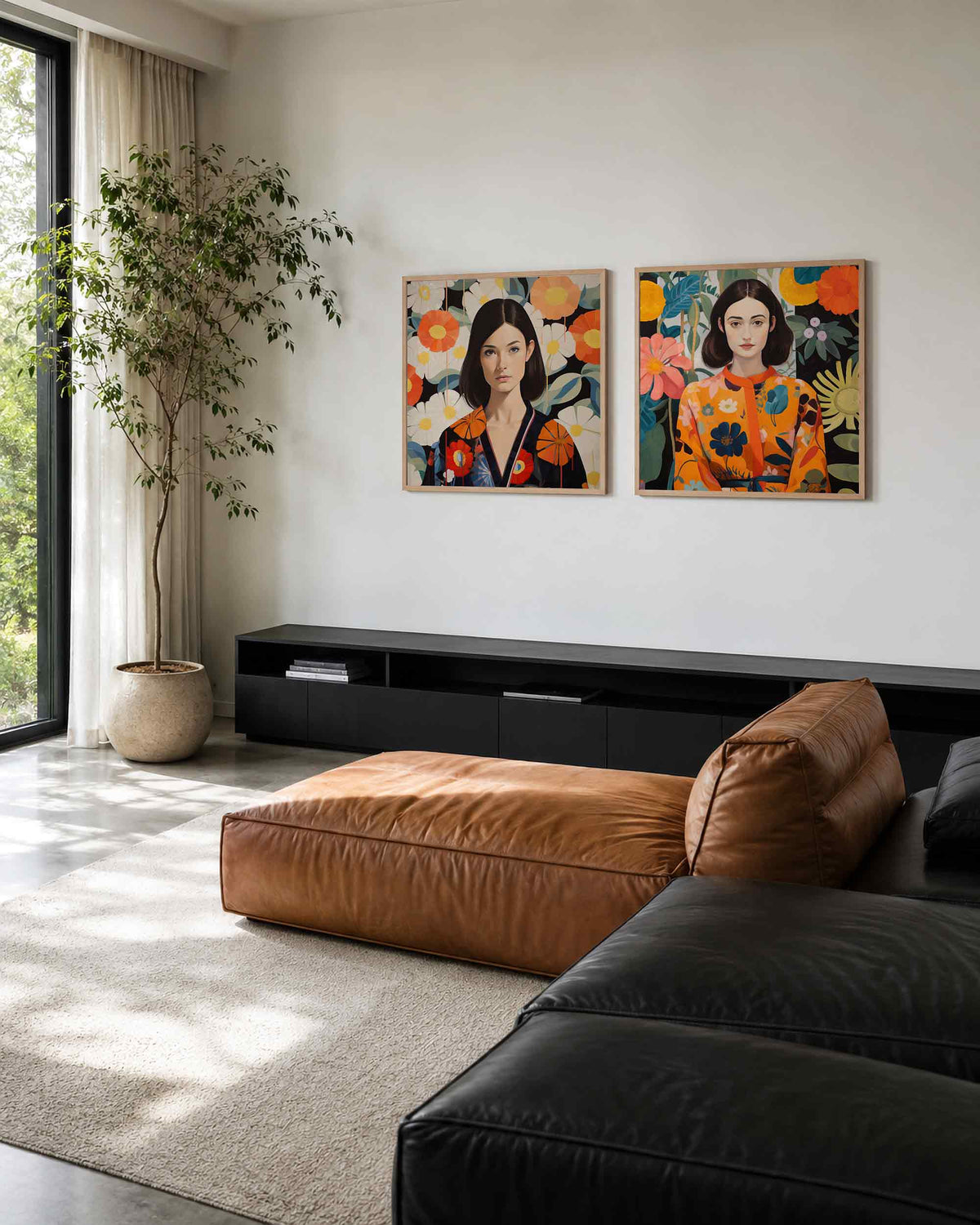Interieurpresentatie van een tweedelige vierkante posterset met bloemenportretten