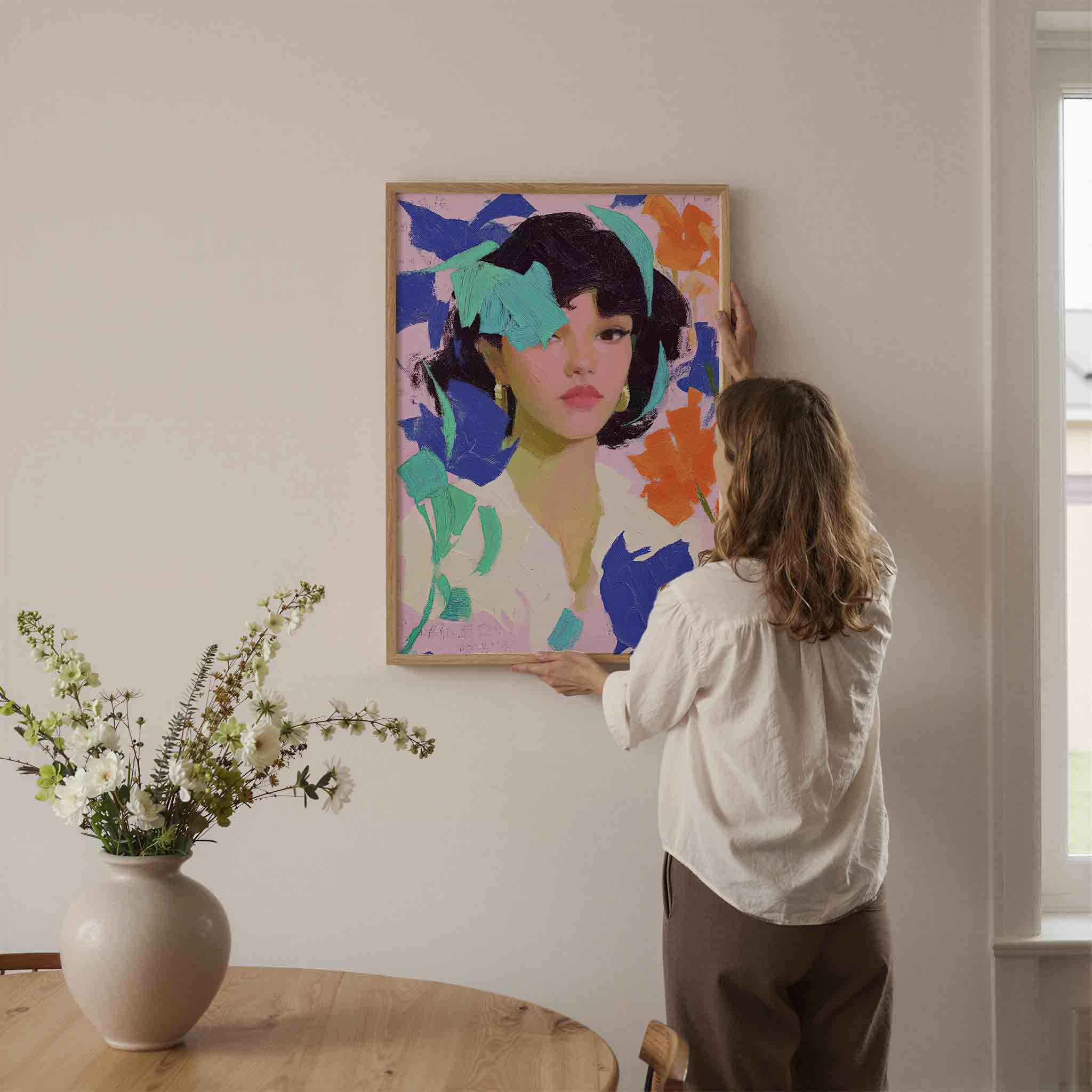 Vrouwelijk portret met kleurrijke accenten Poster