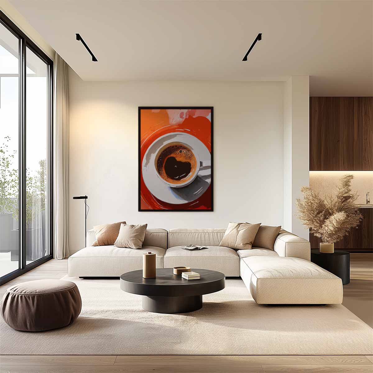 Koffiekunst in oranje Kunstwerk-canvas-dibond-plexiglas-wanddecoratie-WallArtistic