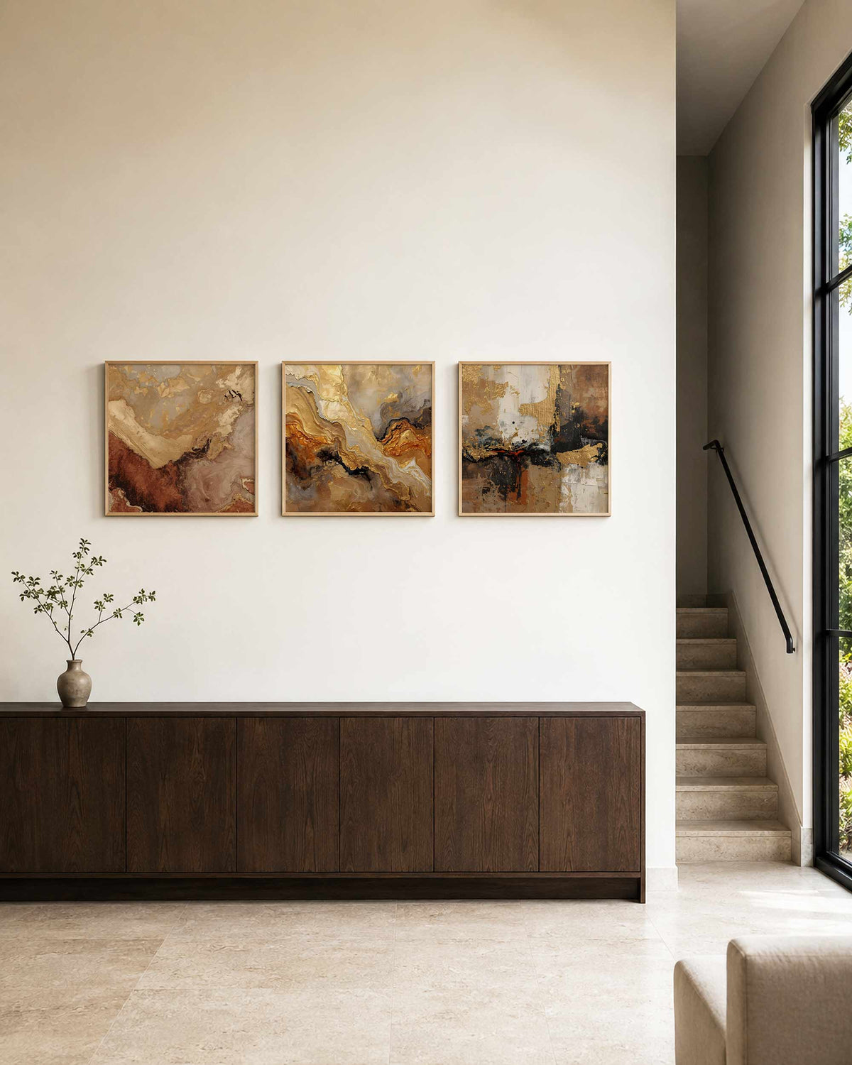 Interieurpresentatie van een driedelige vierkante posterset met goudbruine abstracte kunst