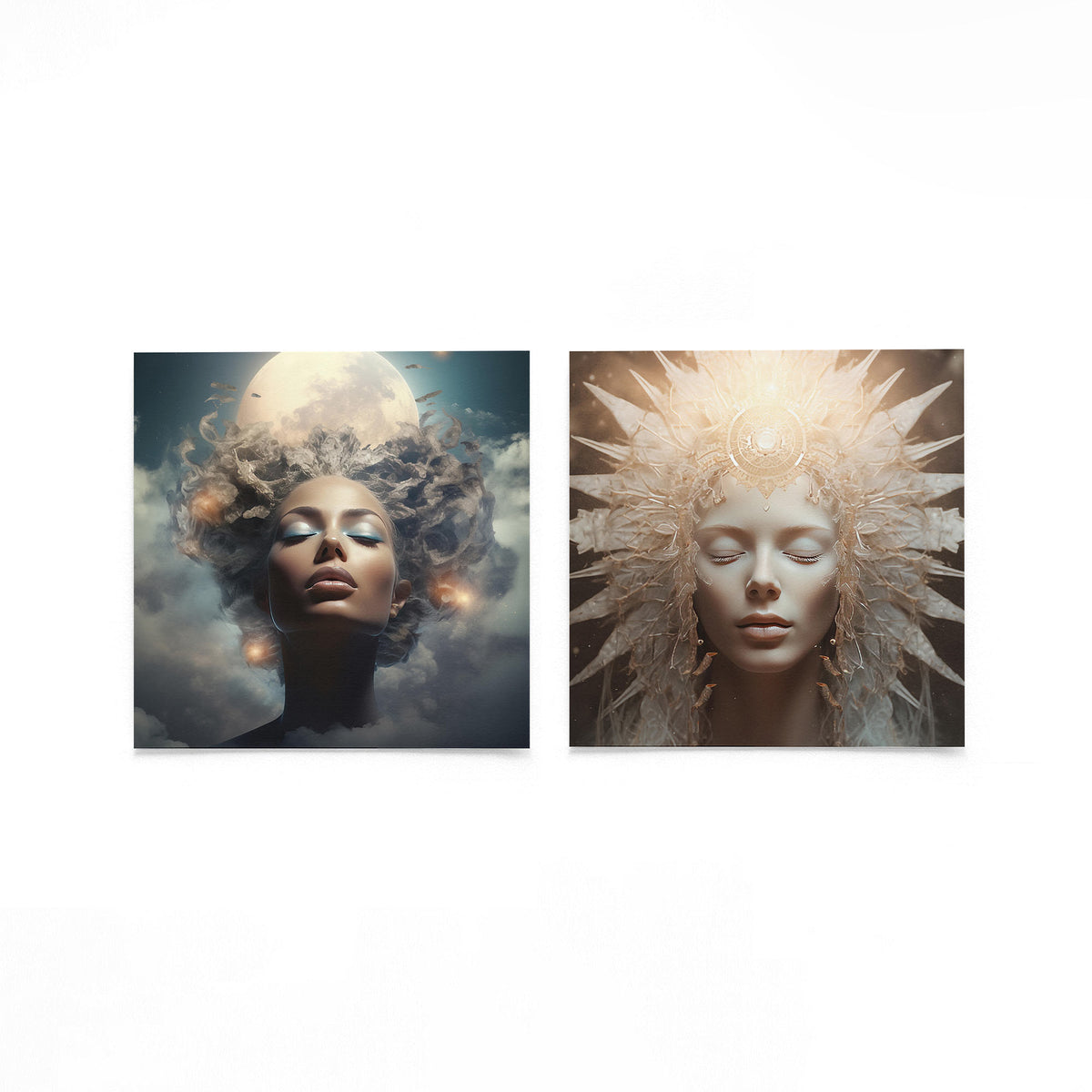 Twee vierkante posters met hemelse vrouwenportretten op een gebroken witte achtergrond