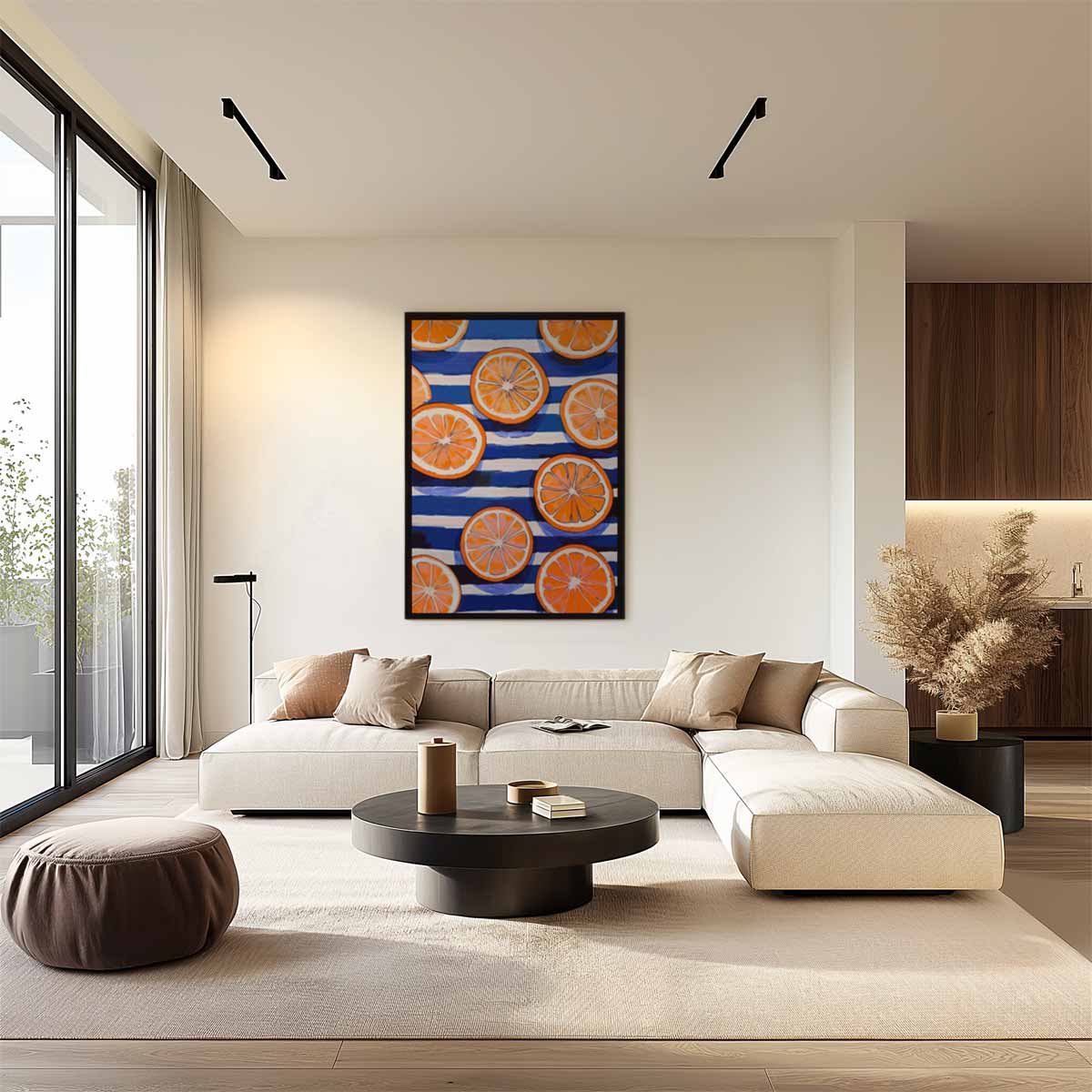 Zonnige Sinaasappels op Streepjespatroon Kunstwerk-canvas-dibond-plexiglas-wanddecoratie-WallArtistic