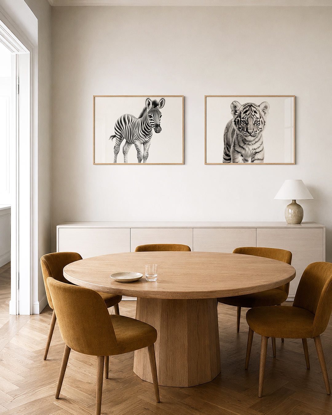 Tweedelige posterset met een zebra met opvallende zwart-witte strepen, getoond in een interieur