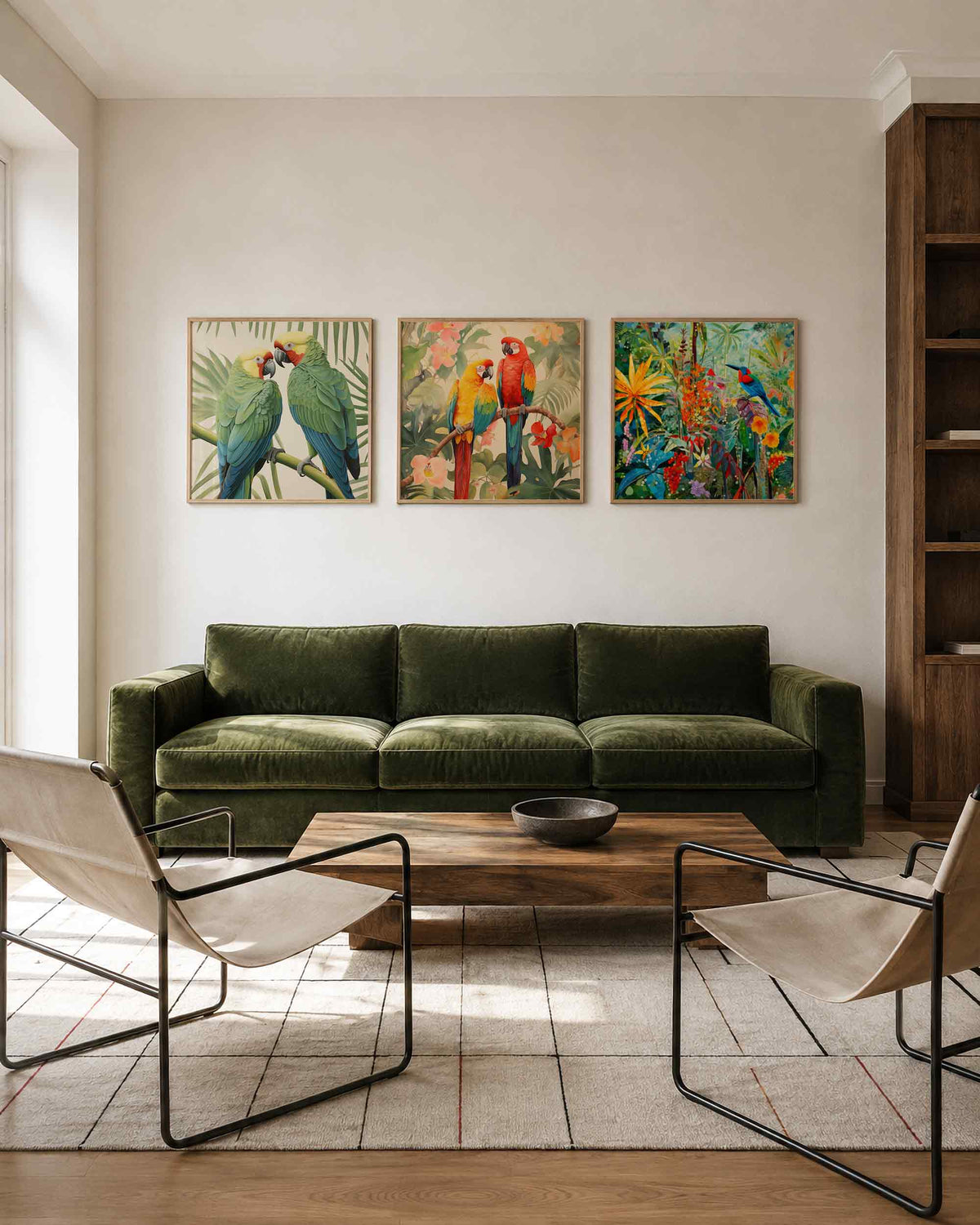 Interieurpresentatie van een driedelige vierkante posterset met tropische vogels